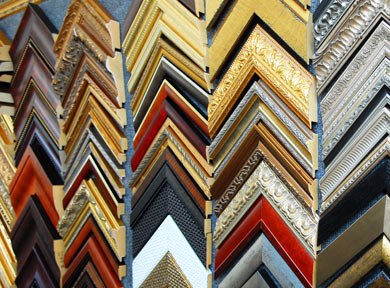 A wall of custom frame corner samples in many finishes